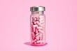 Transparent pill bottle on light pink background. Generative AI