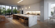 kitchen interior with fireplace, modern kitchen room with furniture, shaped kitchen minimalist white wood and marble, modern kitchen interior