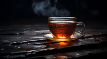 A Glass Cup Of Tea With Steam