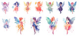 Set of watercolor Illustration Cute Fairy clip art, Transparent background, Cute beautiful little winged fairies.