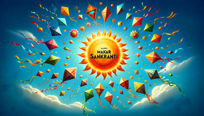 Wall Mural - Illustration of a flying kites around sun.