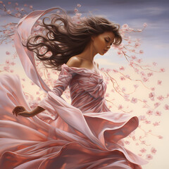 Wall Mural - Whimsical swirls of cherry blossom petals carried by a gentle breeze.