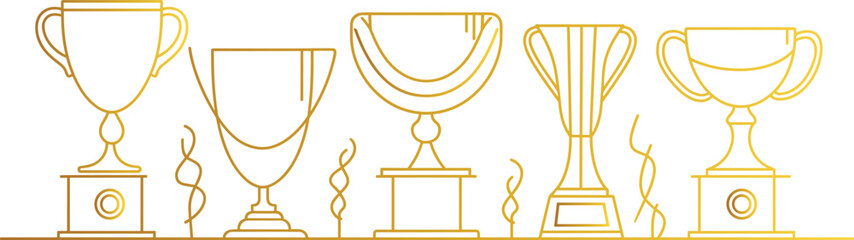 Gold trophy cup set, modern line art illustration vector, winner award, champion prize, achievement cup, victory symbol, first place cup, stylish trophy icon, sports competition,  winning concept,
