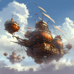 Sticker - Steampunk-inspired flying machines in a cloudy sky.