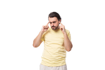 Wall Mural - young smart european guy with stubble and mustache is brainstorming