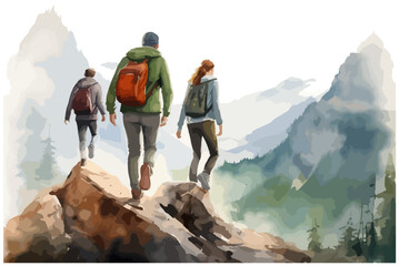 three hikers tourists in trekking clothes are walking in mountains
