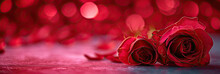 Red Roses Laying On A Table With A Red Blurred Bokeh Background - Suitable For Romantic Or Valentine's Day Themed Designs, Greeting Cards, Floral-themed Marketing Materials, And Love-themed 