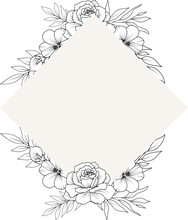 Flower Frame. Hand Drawn Botanical Vector Illustration. Black And White Wreath.