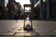 Hourglass with clock face counting seconds on the streets, representing time slipping away. Generative AI