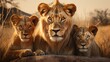 Closeup portrait of lion pride family in african savanna with adults and young