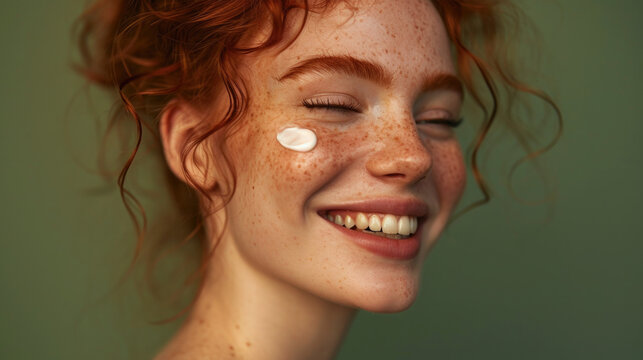 Close-up beauty shot featuring the face of a young redhead woman with a small drop of cream on her skin. Promotional image for a cream emphasizing good skin health. Green background.