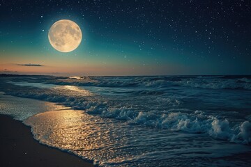 Wall Mural - Moonlit beach with gentle waves and a glowing full moon in a starry sky.