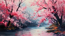 Cherry Blossom Oil Painting In Spring - Wallpaper - Generative Ai