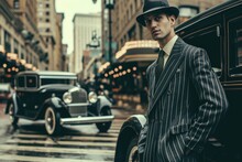 Roaring 20s Gangster Male Model In A Pinstripe Suit And Fedora, With Vintage Cars And City Skyline