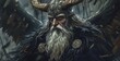 Mythological Viking Odin, Bearded Warrior with Feathered Horns, Emblematic of Norse Legend and Chiefly Wisdom