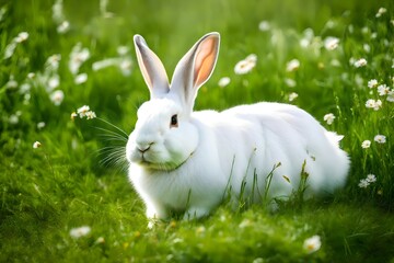 Wall Mural - white rabbit on green grass