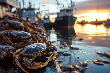Wall Mural - Alaskan Seafood Bazaar. Lively Crab Market with Fishermen at Sunrise in the United States. Fresh Catch
