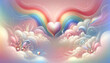 valentine card with rainbow in clouds, pastel colors, unicorn field concept background