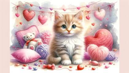Naklejka na meble watercolor illustration of cute kitten valentines day card. To create postcards, invitations