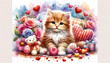 cute kitten surrounded in flowers and hearts. valentines day. To create postcards, invitations