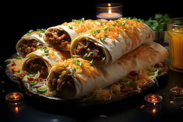 Wall Mural - Burritos,fast food, dramatic studio lighting and a shallow depth of field. Placed on a reflective black surface.no.01