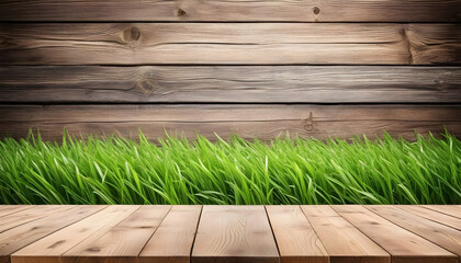 Wall Mural - Empty wooden table with green grass theme in background. Ai
