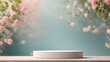 minimal product display white podium with cherry blossom background, 3d render