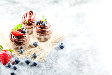 Wall Mural - Chocolate cupcakes. Freshly baked homemade cupcakes with fresh blueberries, strawberries and mint leaves on light background. Homemade baking concept. Soft focus