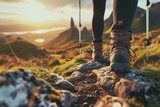 Fototapeta  - Female Hiker with Trekking Sticks on a Journey Through the Rugged Landscapes of the Isle of Skye in the Scottish Inner Hebrides Highlands