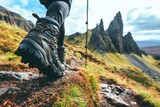 Fototapeta  - Female Hiker with Trekking Sticks on a Journey Through the Rugged Landscapes of the Isle of Skye in the Scottish Inner Hebrides Highlands