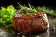 A close-up view of a prime filet mignon steak, medium doneness. (Generative AI)