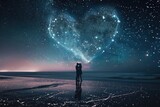 Fototapeta Kosmos - Heart-shaped constellation illuminating a secluded beach, with a couple's silhouette against a canvas of shooting stars.