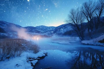 Poster - Heart-shaped hot springs nestled in a snowy mountain landscape, with steam rising and a clear starry night sky above.