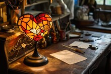 Heart-shaped Stained Glass Lamp Casting A Warm, Romantic Glow Over An Antique Writing Desk With Love Letters And Ink.