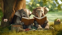 Two Young Elephants Reading Book Under Tree In Park, Learning, Education And Knowledge Concept, Generative AI