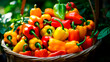 close up of a tray full of delicious freshly picked farm fresh peppers, organic product. view from above. AI generate