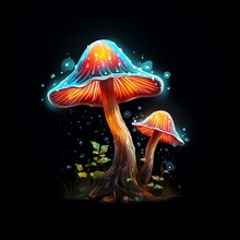 A Group Of Mushrooms With Glowing Lights