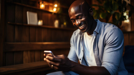 Sticker - Happy man using a smartphone while comfortably seated on a couch