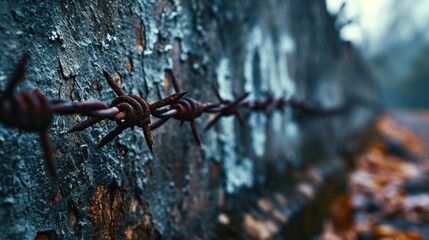 Poster - A close up of a barbed wire fence with leaves on it, AI