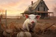 A cute piglet stands in front of a dilapidated farmhouse, surrounded by a golden sunset and dry autumn grass.
