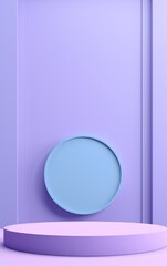 Wall Mural - A blank blue wall with a circular plate in the middle, in the style of minimalist stage designs, light violet, tabletop photography, 3840x2160, superflat, chromatic sculptural slabs, poster 