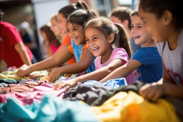 Wall Mural - A group of children enthusiastically selecting free clothes at a back-to-school clothing giveaway event, showcasing their excitement and the availability of essential items for a new academic year. 
