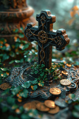 Poster - A cross with coins and ivy growing around it on a grave, AI