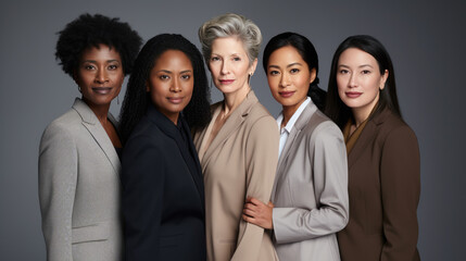 Group portrait of four women of diverse ethnicities, dressed in business attire, exuding confidence and unity.