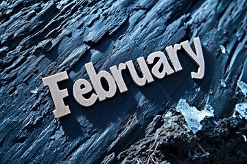 February month text word. Generative AI on winter snowy style background