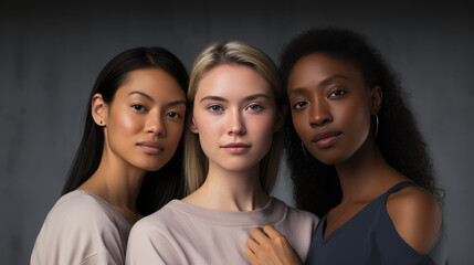 Wall Mural - Group portrait of women of different ages and ethnic backgrounds, smiling and embracing each other, symbolizing diversity and unity.