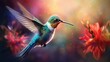 A ruby-throated hummingbird hovering by a vibrant flower, wings a blur.