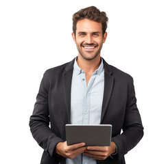 Attractive smiling man working on tablet on transparent background