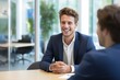 An interview scenario in an IT office setting, the interviewer is a young man in his 30's and the interviewee is a young man in his 20's, natural daylight photography, photorealistic, 