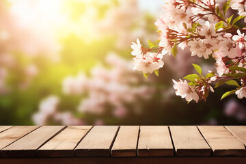 Wall Mural - empty wooden table against spring time background